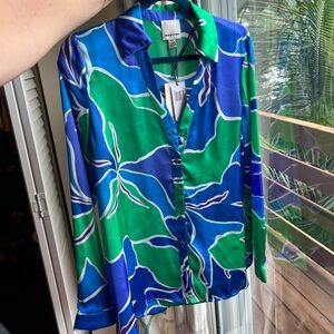 Vibrant Blue and Green Floral Button Down Shirt